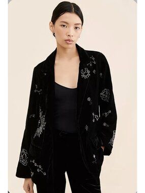 CIEBON Womens L Black Zodiac Celestial Beaded Velvet Blazer Jacket Anthropologie